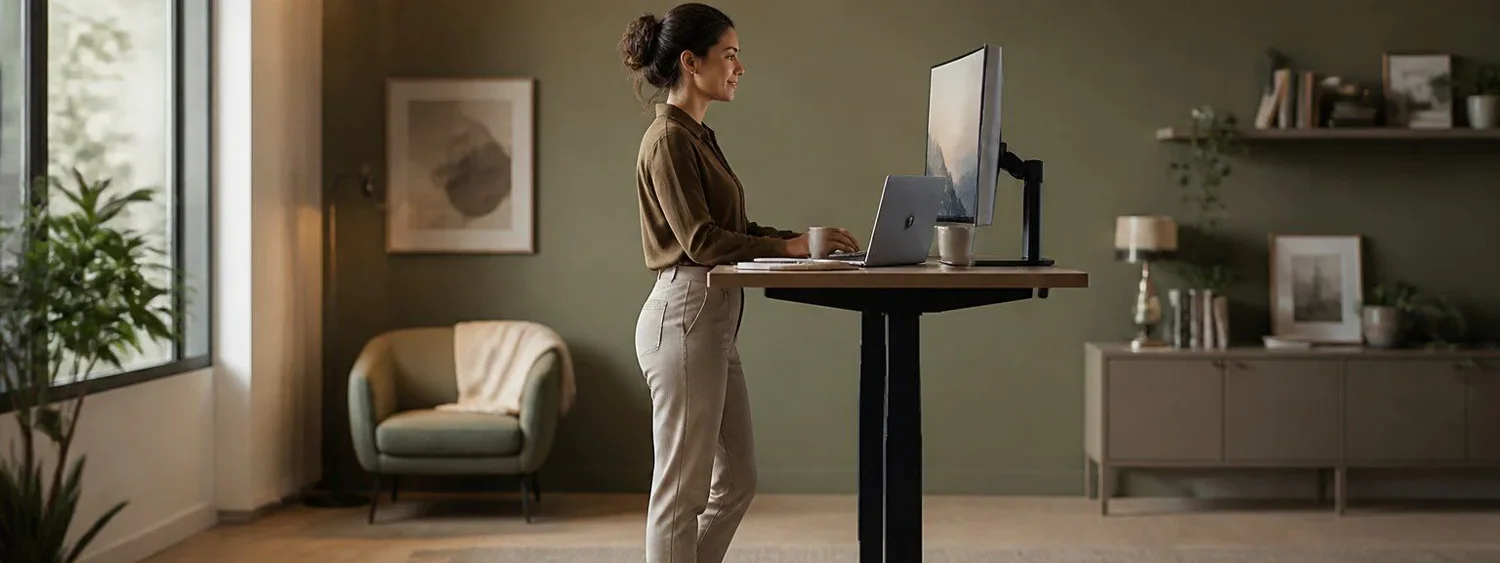 adjustable standing desk in a home office productivity setup