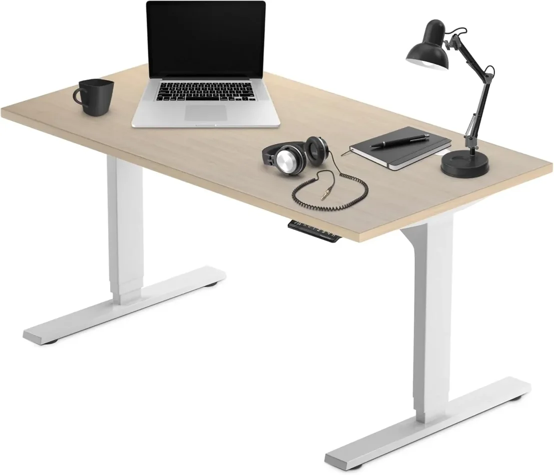 adjustable standing desk in a home office productivity setup